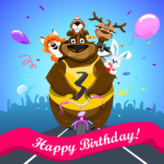 Animals on colorful background. bear on a bicycle with friends crosses the finish line. banner Happy Birthday. Shirt with number 3. vector illustration.