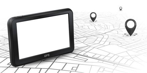 GPS navigator unit mock up on map with gps icon black color