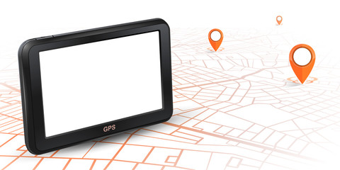 GPS navigator unit mock up on map with gps icon orange color
