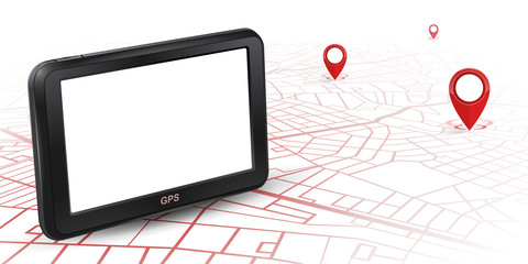 GPS navigator unit mock up on map with gps icon red color