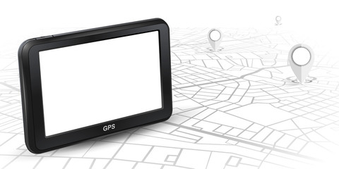 GPS navigator unit mock up on map with gps icon white color