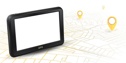 GPS navigator unit mock up on map with gps icon yellow color