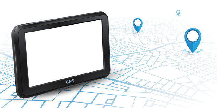 GPS navigator unit mock up on map with gps icon blue color