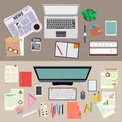 Бизнес-аналитика. Исследование  бизнес-стратегии. Офис. Реалистичная  организация рабочего места. Вид сверху. Векторная иллюстрация. 

