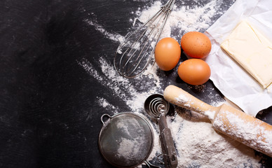 ingredients for baking and kitchen utensils