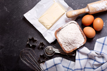 ingredients for baking and kitchen utensils