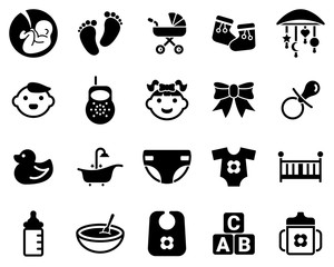 Set of simple icons on a theme Child, infant, childhood, newborn, children, vector, design, collection, flat, sign, symbol,element, object, illustration. Black icons isolated against white background