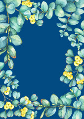 Green floral template with a branch of silver-dollar eucalyptus cordata  and Eucalyptus websteriana  (Heart-leafed), isolated on blue background. Watercolor hand drawn painting illustration.