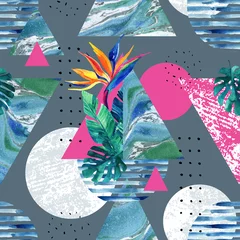 Poster Abstracte zomer geometrische elementen met exotische bloemen en bladeren © Tanya Syrytsyna