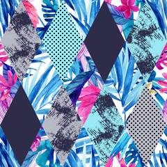 Abstract watercolor rhombi and exotic leaves seamless pattern.
