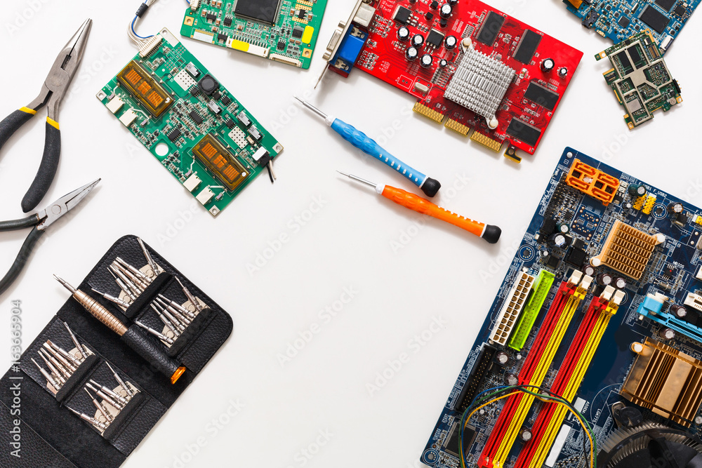 Poster computer upgrade. motherboard and tools flat lay