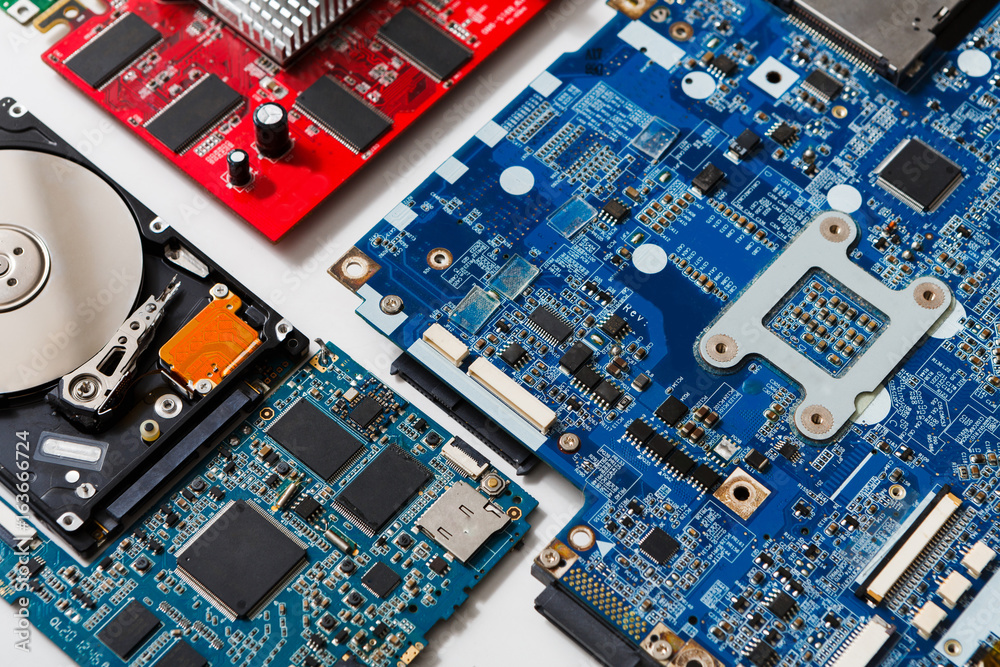 Poster Set of computer electronic parts closeup