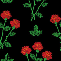 Embroidery stitches imitation seamless pattern with red roses