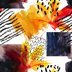 Abstract seamless pattern with watercolor squares and autumn colored maple leaf