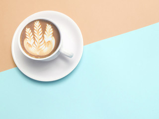 Business, education, idea, inspiration and people concept - close up.Top view of colorful cup of coffee color background for create idea for business or design .Relax coffee time . (flat lay)