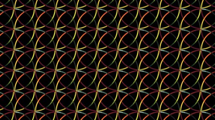 Geometric pattern of colored circles on a black background. Openwork lattice.