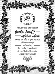 Damask pattern design for wedding invitation in black and white lace. Pattern is included as seamless swatch for easier use and edit.