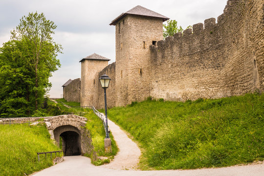 Medieval fortification city wall Burgerwehr on Moenchsberg mountain in Salzburg, Austria.