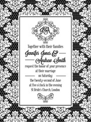 Damask pattern design for wedding invitation in black and white lace. Pattern is included as seamless swatch for easier use and edit.