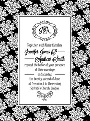 Damask pattern design for wedding invitation in black and white. Pattern is included as seamless swatch for easier use and edit.