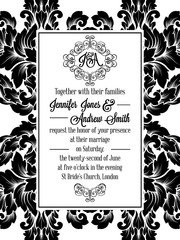Damask pattern design for wedding invitation in black and white. Pattern is included as seamless swatch for easier use and edit.