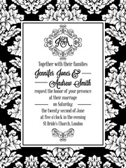 Damask pattern design for wedding invitation in black and white. Pattern is included as seamless swatch for easier use and edit.