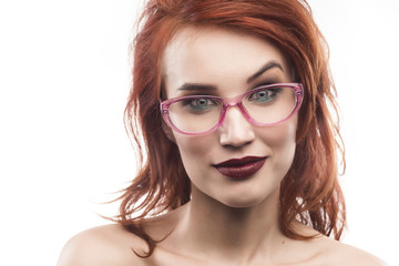 Fototapeta na wymiar Eyewear glasses woman portrait isolated on white