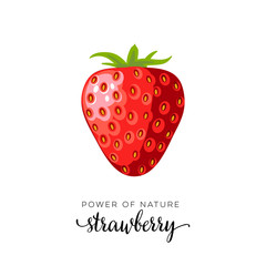 Red strawberry berry flat icon with inscription colorful vector illustration of eco food isolated on white.