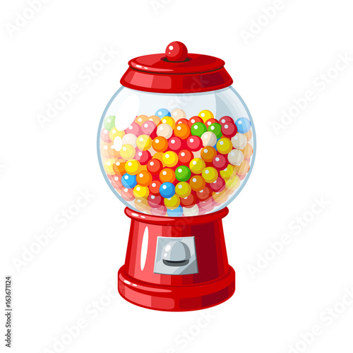 "Transparent round glass candy dispenser with colorful bubble gum. Vector illustration flat icon
