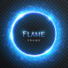Realistic round blue flame frame with inscribed text, vector template illustration on transparent background