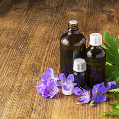 Essential oil of geranium meadow in dark glass containers on wooden background with flowers and leaves. Selective focus.
