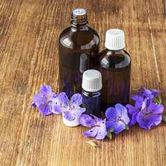 Essential oil of geranium meadow in dark glass containers on wooden background with flowers and leaves. Selective focus.