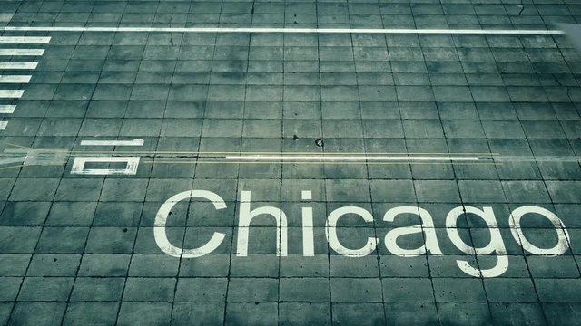 Aerial view of commercial plane landing at Chicago airport. Travel to the United States conceptual 4K intro animation