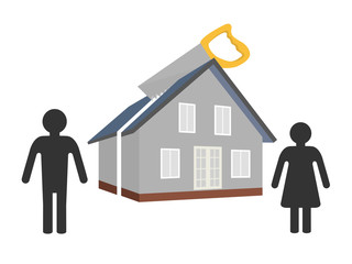 Silhouette of a man and a woman near the house, which is divided into two parts - a divorce