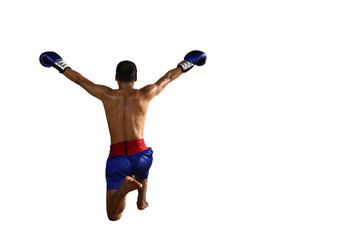 Muay thai acting backside on white isolated background.