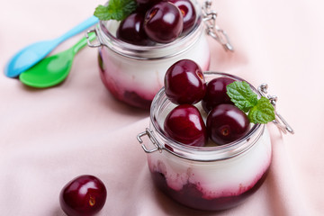 Traditional  Italian dessert panna cotta with fresh sweet cherry fruit