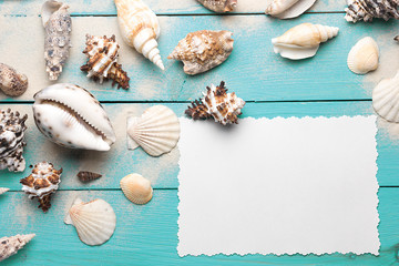Marine summer postcard. Seashells on turquoise wooden boards in the sand on the beach