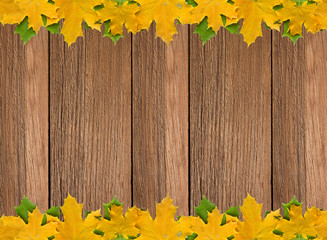 Naklejka na ściany i meble Autumn leaves over old brown wooden background with empty space, border design panoramic banner 