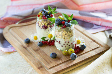 Superfoods: pudding with chia seeds, currants, oatmeal and yoghurt