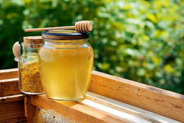 A jar of honey and a jar of bee pollen in the hive. Honeycomb. Beekeeping products.