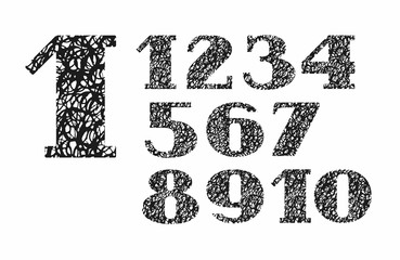 Numbers, doodles texture, imitation, vector. Figures with serifs. Black letters on a white background. 