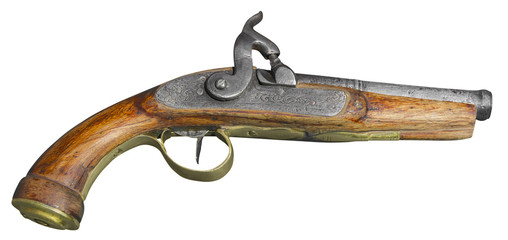 Vintage antique flintlock pistol isolated on white background