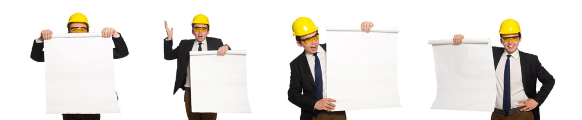 Funny architect with drawings on white