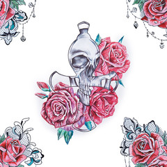 Seamless pattern skull in red roses on a white background.
