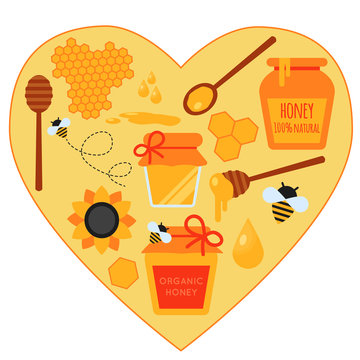 Concept heart illustration. Set of honey flat design elements. Vector flat illustration of bee-keeping element. Honey jar, flying bee, honeycom, sunflower, pot, dipper stick.