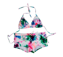 Female color swimsuit with a floral pattern. Isolate
