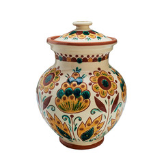 Colorful covered with glaze ceramic handmade pot. Isolated on a white background