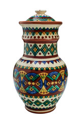 Colorful covered with glaze ceramic handmade pot. Isolated on a white background