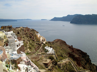 Panoramic view of caldera and Aegean sea at Oia village of Santorini Island, Greece 