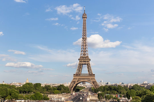 View of the Eiffel Tower from Place de Trocadero in Paris, France. The Eiffel Tower was constructed from 1887-1889 as the entrance to the 1889 World's Fair by engineer Gustave Eiffel.